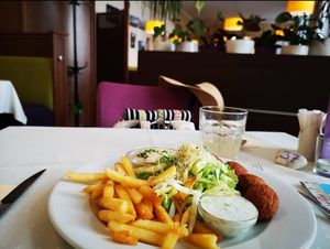 Falafel on the plate at Napfényes Restaurant & Confectionery in Budapest
