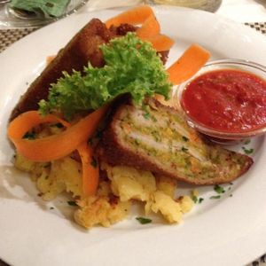 fried pancakes with mashed potatoe at Napfényes Restaurant & Confectionery in Budapest