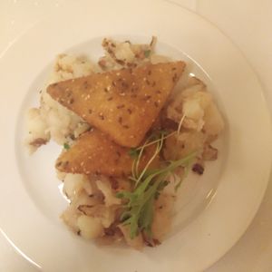 Smashed potatos with onion, grilled "cheese"... I went to heaven!  at Napfényes Restaurant & Confectionery in Budapest