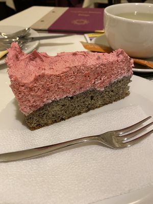 Raspberry and poppy seed cake at Napfényes Restaurant & Confectionery in Budapest