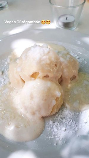Vegan cottage cheese dumplings - I could eat them every day all day! at Napfényes Restaurant & Confectionery in Budapest