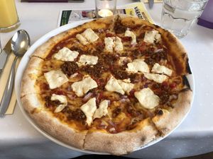 Hungarian pizza at Napfényes Restaurant & Confectionery in Budapest