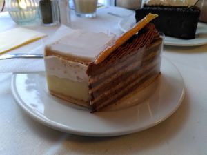 Vegan mille feuilles and dobos cake at Napfényes Restaurant & Confectionery in Budapest