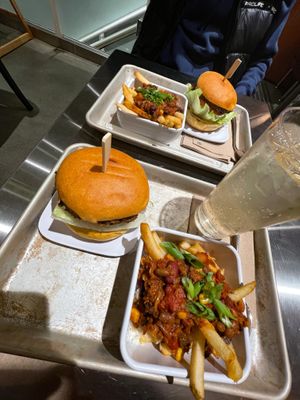 Shroom & harvest burgers, & chili fries at Planetary Burger in Vancouver