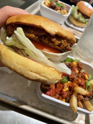 Harvest burger & chili fries at Planetary Burger in Vancouver