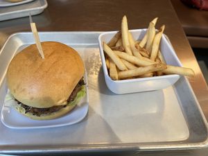 Shroom burger and fries  at Planetary Burger in Vancouver