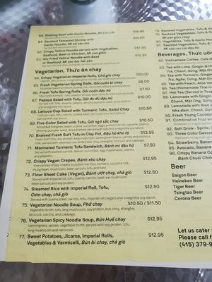 Vegetarian portion of the menu at Pho Huynh Sang in San Francisco