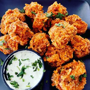 “Deez Ain’t Gator Bites”. Diced Louisiana hot links and mushrooms battered in creole spiced mix, served with secret house-made swamp sauce. at Souley Vegan in Oakland