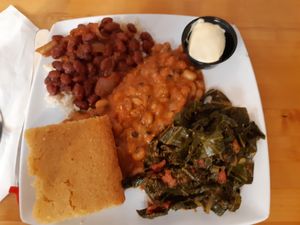 3 sides + corn bread at Souley Vegan in Oakland