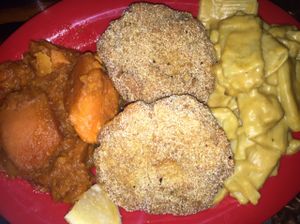 3 item combination plate: southern fried tofu, yams, Mac and cheese $12.50 at Souley Vegan in Oakland