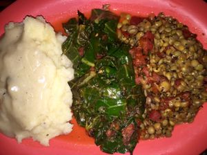 3 item combination plate: mashed potatoes and gravy, collard/mustard greens, lentils $12.50 at Souley Vegan in Oakland