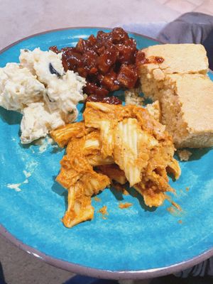 Mac and Cheese, cornbread!, bbq tofu (I hate bbq but I tried it, never again) and potato salad.  at Souley Vegan in Oakland