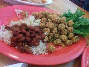 Red beans & rice, fried okra at Souley Vegan in Oakland