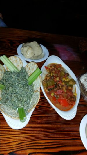 Gumbo, biscuits, and seaweed dip  at Souley Vegan in Oakland