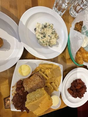 Fried tofu, Mac n cheese, potato salad, bbq tofu, cornbread   at Souley Vegan in Oakland