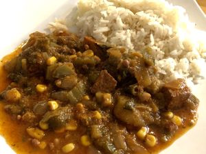 Okra jambalaya with tofu   at Souley Vegan in Oakland