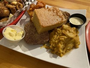 Fried Tofu, Mac, Cornbread, and Yams at Souley Vegan in Oakland