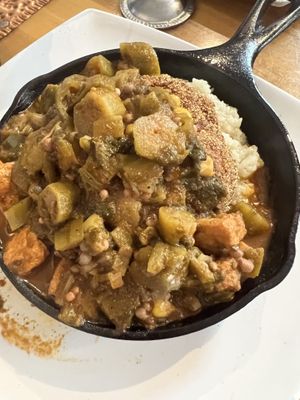 Grits and Fried Tofu with Okra Gumbo  at Souley Vegan in Oakland