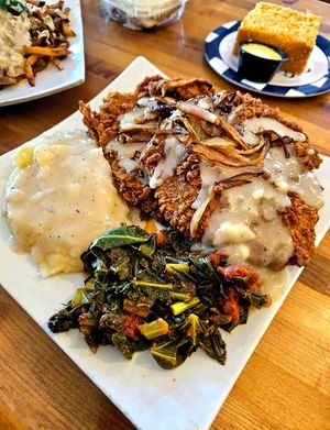 Country Style Seitan Steak Plate at Souley Vegan in Oakland