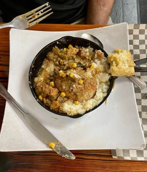 Grits and okra gumbo, southern fried tofu.   at Souley Vegan in Oakland