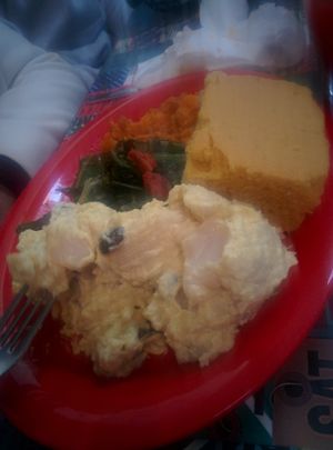 Combo plate. cornbread, yams, greens, mashed potatoes and gravy at Souley Vegan in Oakland