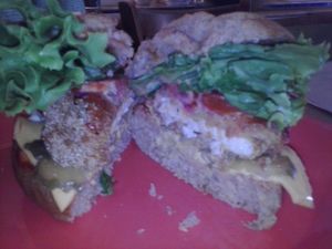 Southern Fried Tofu Sandwich.

Delectability was never this delectable!  

Again: no one else (of whom I am aware) fries their tofu in this famous southern style...at least here in the bay area.      
                   >@< 
You must eat it!  ! at Souley Vegan in Oakland