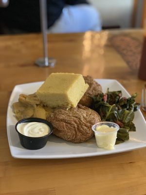 Combo plate with southern fried tofu, collard greens, mac and cheese, and cornbread at Souley Vegan in Oakland