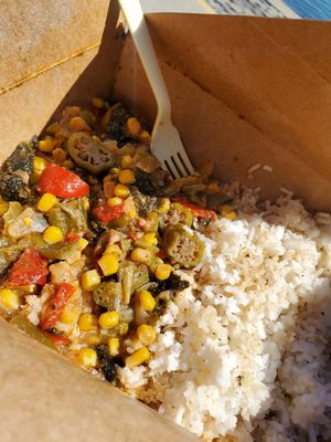 Okra gumbo with rice at Souley Vegan in Oakland
