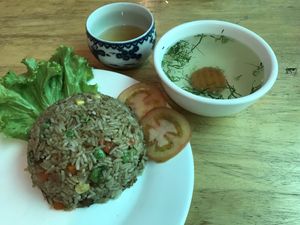 Veggie rice with soup and tea at Zhu Lin Xuan House in Siem Reap