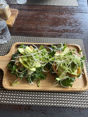 Added avocado to the mushroom and hummus open sandwhich brunch  at Alchemy in Koh Samui