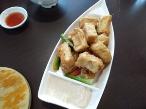 Salt and pepper tofu - with sweet and sour sauce (the red one) and an aioli-tasting white sauce at Formosa Garden in East Perth