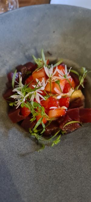 Hummus with strawberries and beetroot (starter) at Štorja Pod Stopnicami in Postojna