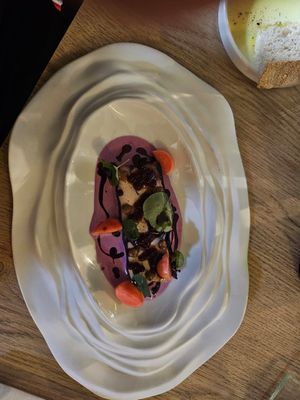 Red cabbage carpaccio with vegan foie gras (best course!) at Štorja Pod Stopnicami in Postojna