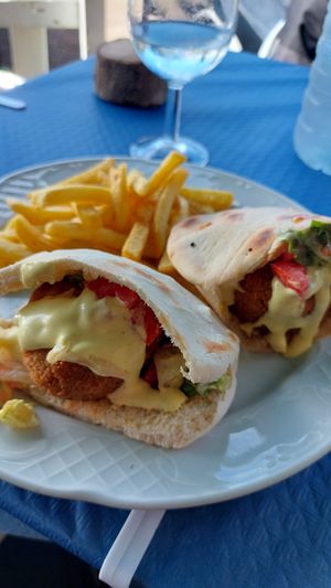 Delicious falafel with yougurt salsa and french fries at Campomar in San Vicente De La Barquera