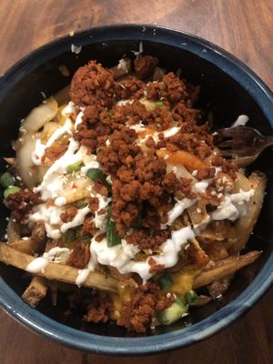 Kimchi fries add on soyrizo   at Queen & Rook Game Cafe in Philadelphia