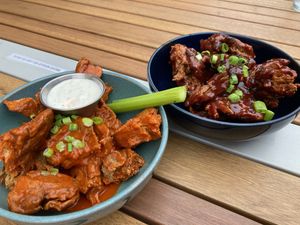 Seitan wings Hot + BBQ  at Queen & Rook Game Cafe in Philadelphia