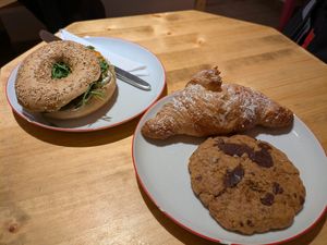 "salmon" bagel, apricot croissant, and peanut cookie. The cookie was outstanding, the rest just okay. at Nothaft Cafe in Berlin