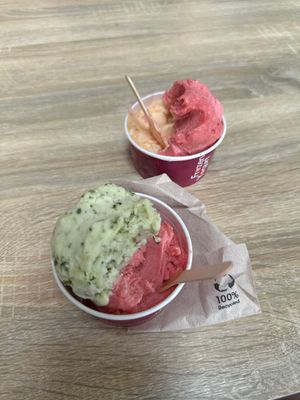 Only vegan options are sorbets, and cones are not vegan. Peche de vigne (pink), pamplemousse, and citron basilic  at Glaces Moustache in Toulouse