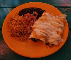 Vegan enchiladas filled with mushrooms and potatoes at El Grito Taqueria in Seattle