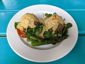 Jackfruit "crab" cake Benedict. at Counter Culture in Austin
