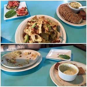 Nachos, artichoke dip, and bruschetta at Counter Culture in Austin
