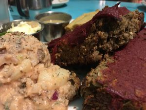 lentil loaf, tater salad, jalapeño cornbread  at Counter Culture in Austin