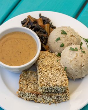 Chick'n Baked Steak Plate. at Counter Culture in Austin