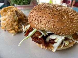 BBQ seitan sandwich with potato salad - delicious   at Counter Culture in Austin