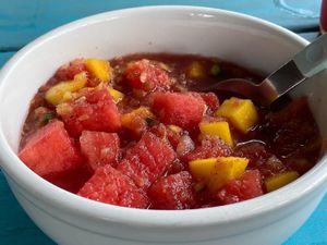 watermelon mango gazpacho-seasonal and back on the menu yum  at Counter Culture in Austin