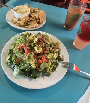 BTLA salad, artichoke dip, an oat milk iced toddy, and an Arnold Palmer (hibiscus tea and lavender lemonade)    at Counter Culture in Austin