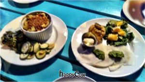 Mac n Cheeze w/ Pickled veggies & garlic greens-Raw Ravioli stuffed w/ Cashew Cheese, citrus Spinach & a Jalapeño Corn bread at Counter Culture in Austin