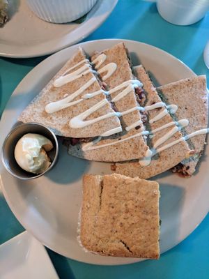 Pulled Jackfruit Quesadillas with side of jalapeno cornbread at Counter Culture in Austin