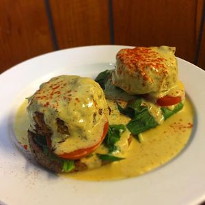 Jackfruit Crab Cake Benedict at Brunch at Counter Culture in Austin