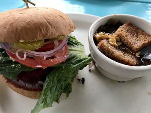 Bean burger and French onion soup  at Counter Culture in Austin
